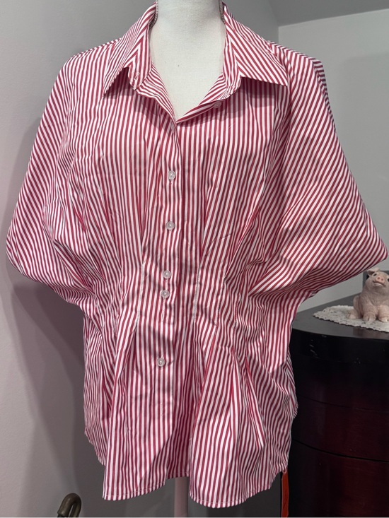 Tankaneo Tops - Red & White Striped Button Down Blouse